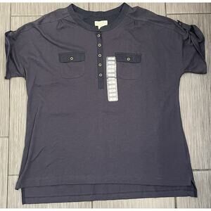 Caribbean Joe Womens Light Weight SS Henley Shirt Navy Size 1X NWT